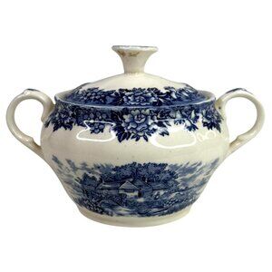 Salem Olde Staffordshire Blue English Village Salem China Co Sugar Bowl With Lid
